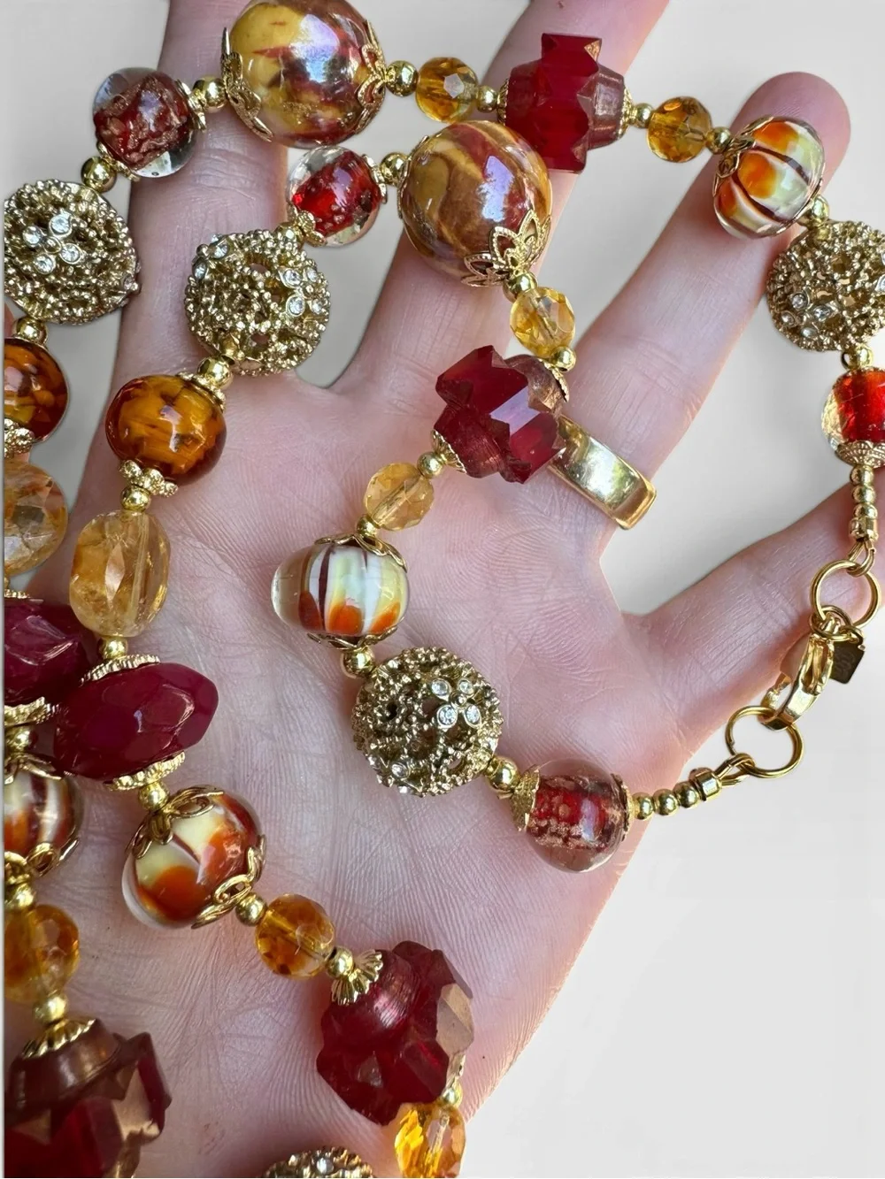 ARTISAN Lampwork Glass, Czech Glass, Ruby & Citrine Necklace
